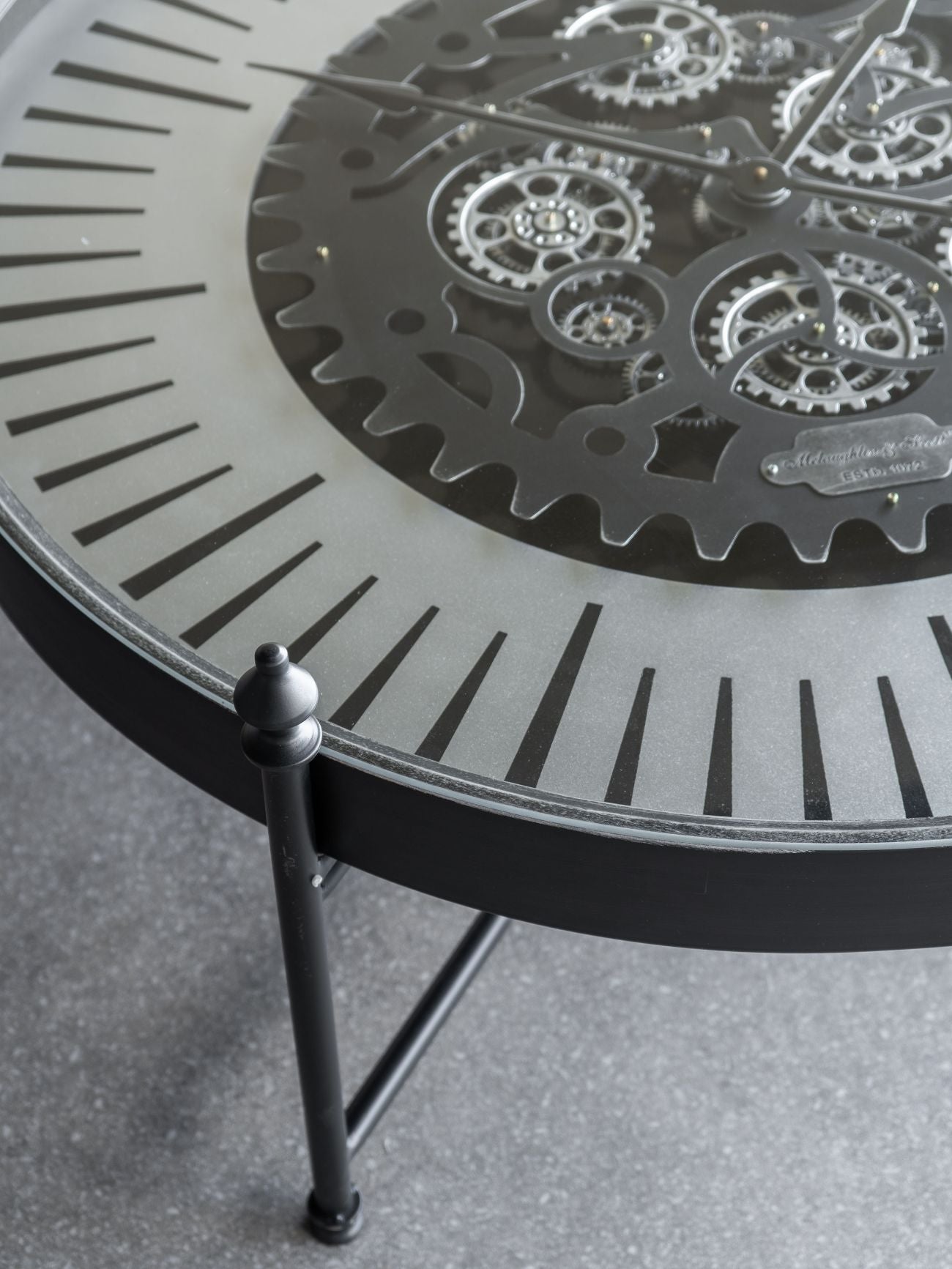 Palladium Black & Glass Moving Dials Clock Coffee Table